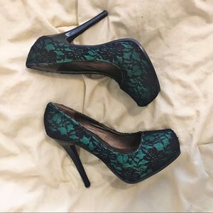 Emerald Green with Black Lace Overlay Heels